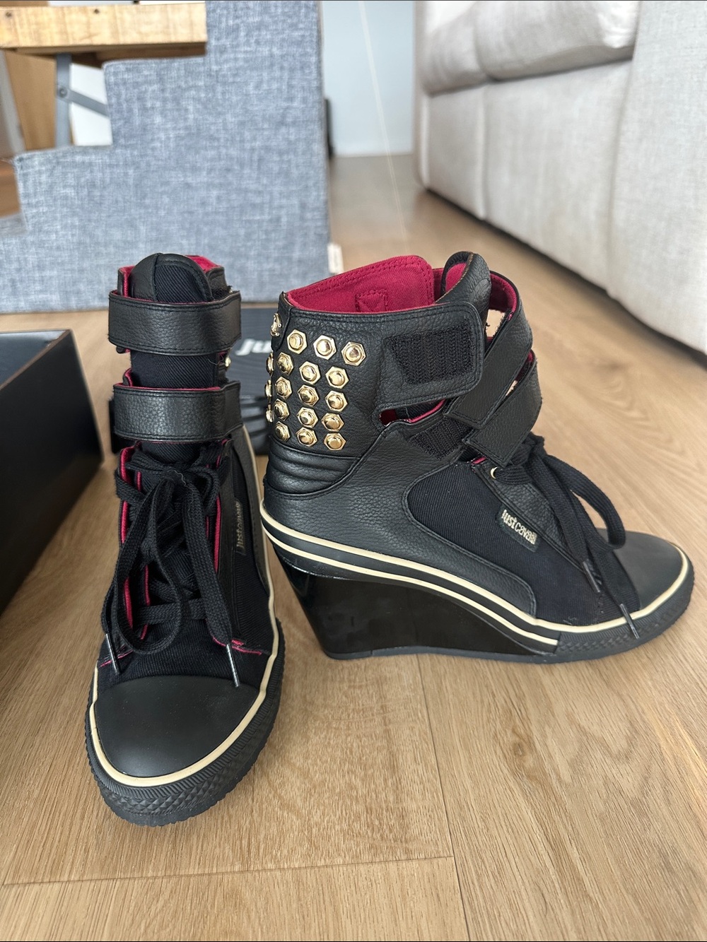 Just Cavalli Black Wedge High-Top Sneakers with Gold Studs and Pink Lining - Picture 4 of 6
